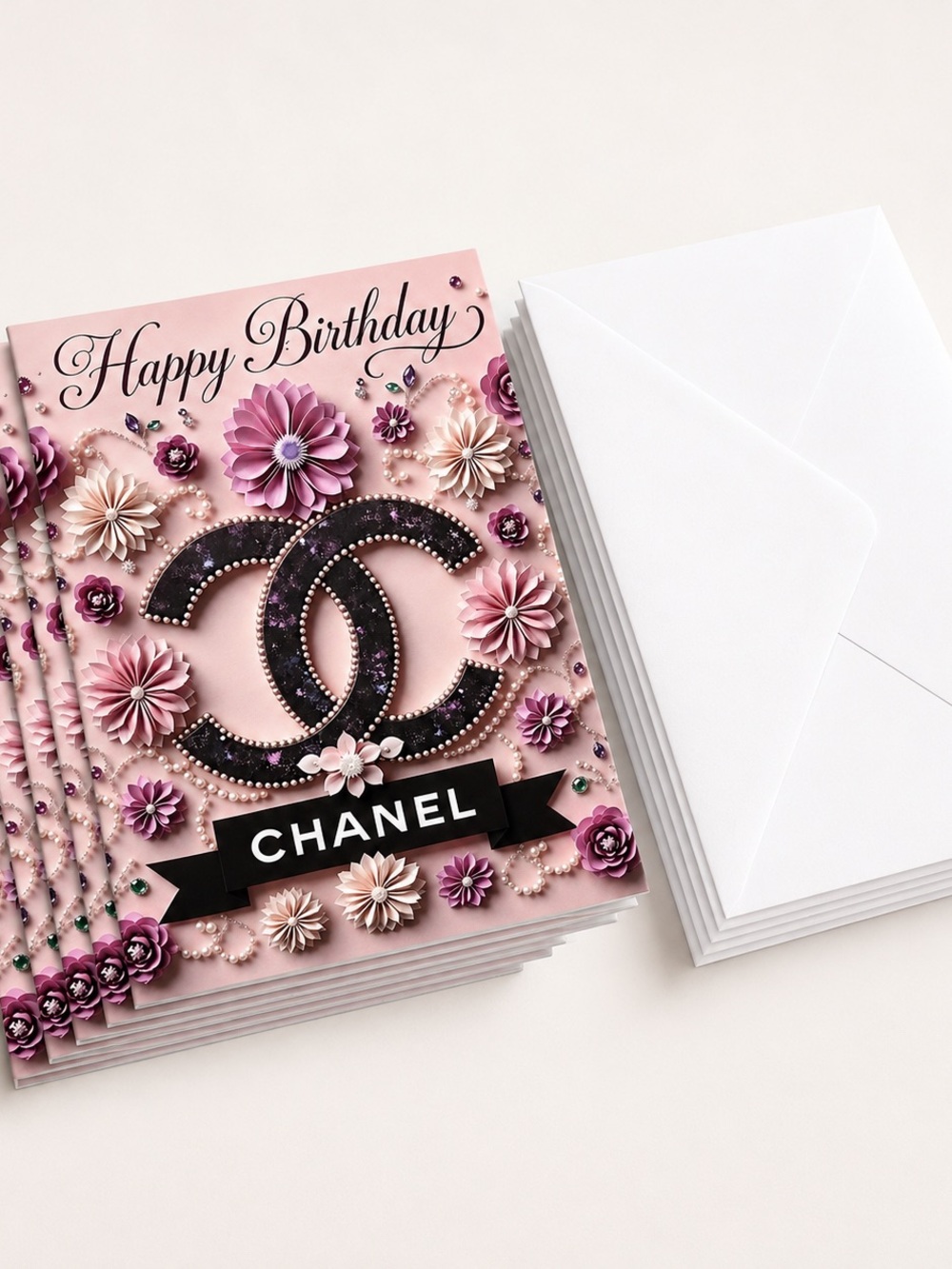 Luxury Pink Chanel Birthday Card Set of 6 with Envelopes